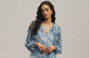 Woman in blue floral dress