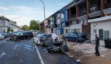 A Philadelphia Police officer gathers evidence at a fatal crash scene along Walnut Street near 48th Street on Friday.