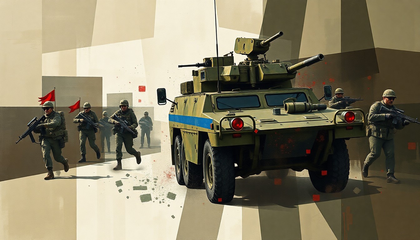 A dynamic, fragmented painting depicting the blurred motion of an Israeli military vehicle and armed soldiers, rendered in a palette of olive, gray, and red tones, conceptually representing the ongoing military occupation and invasions in the West Bank.