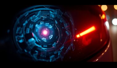 An extreme close-up of a shattered car sensor lens reflecting a faint red light, conceptually illustrating the vandalism of self-driving cars.