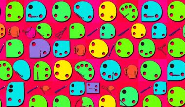 A vibrant, abstract silkscreen illustration featuring a repeating pattern of colorful art supplies like paintbrushes, pencils, and a palette knife, conceptually representing the creative energy of a community art exhibition.