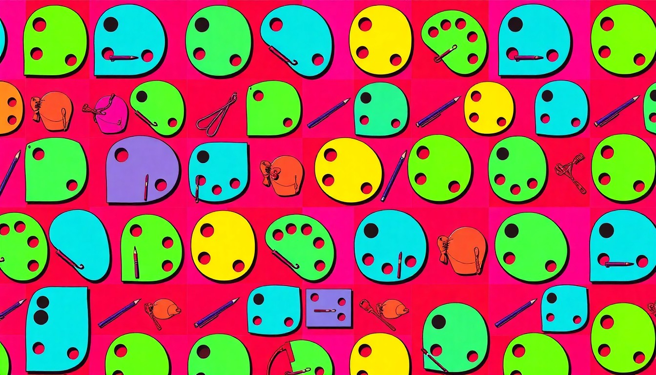 A vibrant, abstract silkscreen illustration featuring a repeating pattern of colorful art supplies like paintbrushes, pencils, and a palette knife, conceptually representing the creative energy of a community art exhibition.