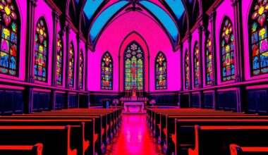 A brightly colored, abstract silkscreen print depicting the interior of a Catholic church, with pews, stained glass windows, and an altar repeated in a bold, pop art-inspired grid pattern, capturing the joyful energy and devotion of the Hernández family