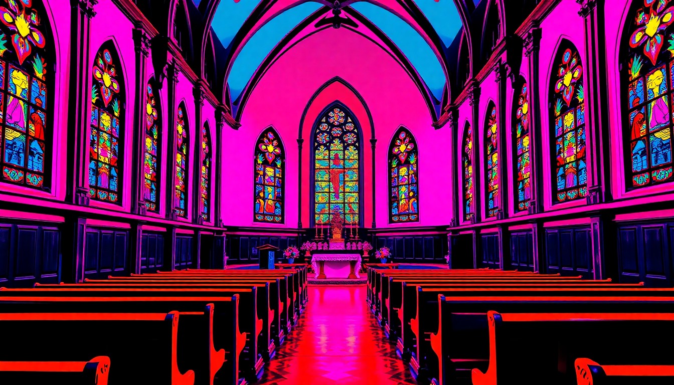 A brightly colored, abstract silkscreen print depicting the interior of a Catholic church, with pews, stained glass windows, and an altar repeated in a bold, pop art-inspired grid pattern, capturing the joyful energy and devotion of the Hernández family
