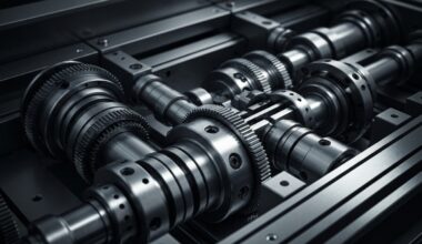 An extreme close-up of the intricate gears and mechanisms of a high-precision medical diagnostic device, rendered in a cinematic, industrial style with a focus on the heavy, metallic components that convey a sense of power, complexity, and technological prowess.