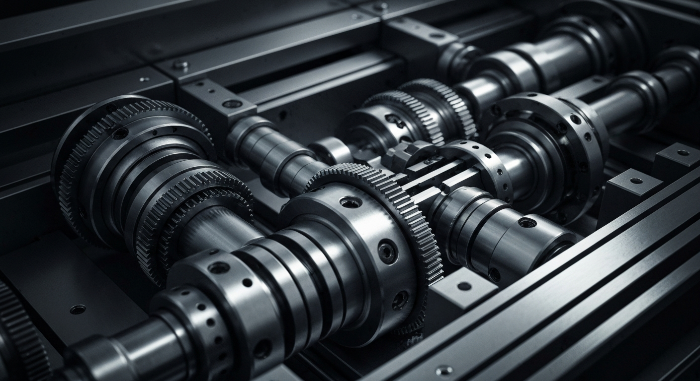 An extreme close-up of the intricate gears and mechanisms of a high-precision medical diagnostic device, rendered in a cinematic, industrial style with a focus on the heavy, metallic components that convey a sense of power, complexity, and technological prowess.