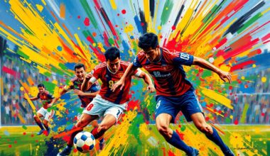 An abstract expressionist painting in vibrant neon colors, with rapid brushstrokes capturing the dynamic movement and energy of a soccer match, the players