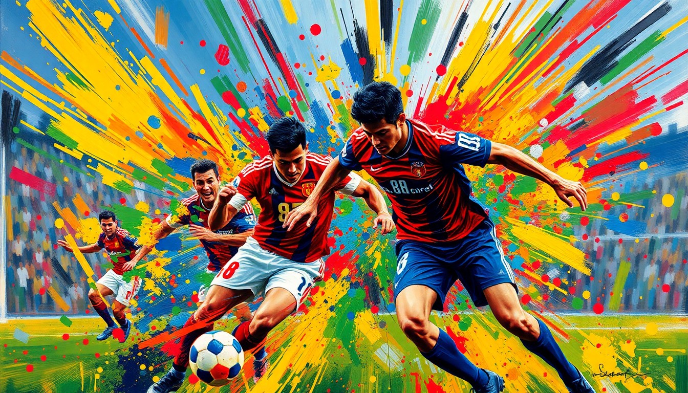 An abstract expressionist painting in vibrant neon colors, with rapid brushstrokes capturing the dynamic movement and energy of a soccer match, the players