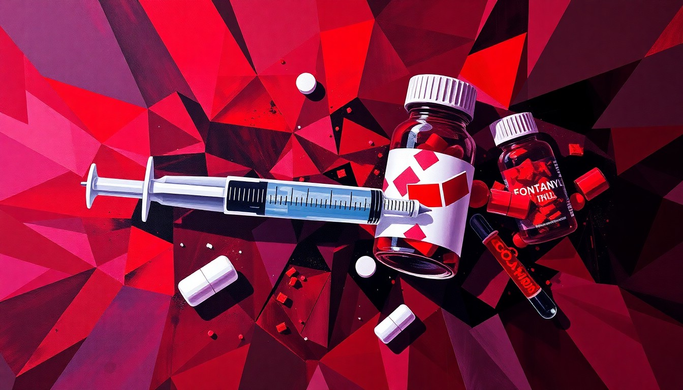 A dynamic, abstract painting featuring overlapping, geometric shapes in shades of red, purple, and black, representing the chaotic and destructive nature of the fentanyl crisis in Pennsylvania.