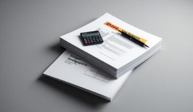 A minimalist studio still life photograph featuring a stack of financial reports, a calculator, and a pen arranged elegantly on a clean, monochromatic grey background, conveying the analytical and strategic nature of the Site Financial Analyst role at DHL.