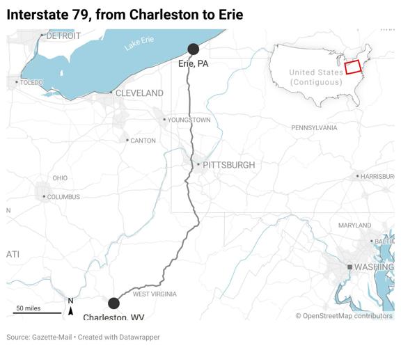 Interstate 79 from Charleston to Erie, PA -- locator map