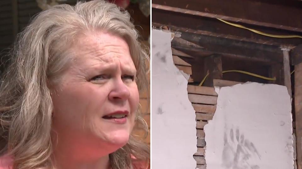 Camie Hubbard discussed home damage with CBS, damage to walls is displayed on the right