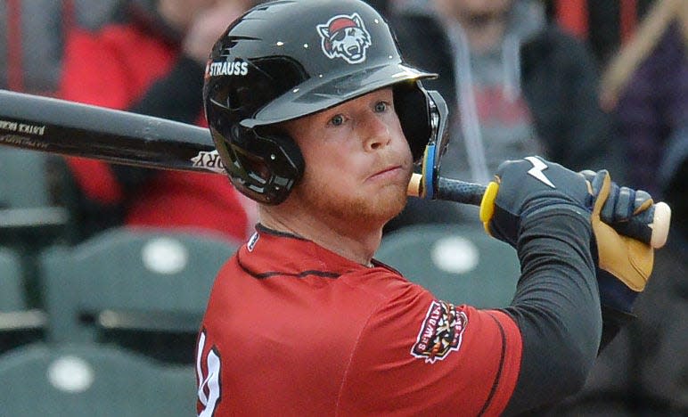 Erie SeaWolves batter Justice Bigbie fouls off a pitch against the Harrisburg Senators on opening day at UPMC Park in Erie on April 4, 2025. Bigbie returns as an Erie outfielder in 2026.