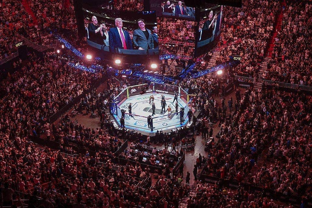 Dana White, Donald Trump, and Hunter Campbell appear on screens at UFC 327 event in Miami