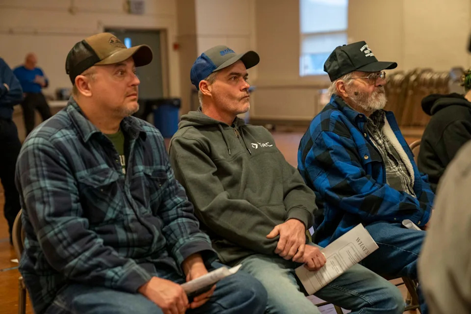 Tremont Township Supervisors Herman Lengle, Scott Bender and Larry Bender at a town hall in the borough of Tremont March 13, 2026. (Jessica Kourkounis for the Capital-Star)