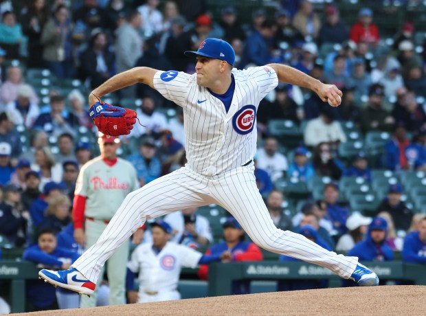 Cubs starting pitcher Matthew Boyd throws against the Phillies in the first inning at Wrigley Field on April 22, 2026, in Chicago. (John J. Kim/Chicago Tribune)
