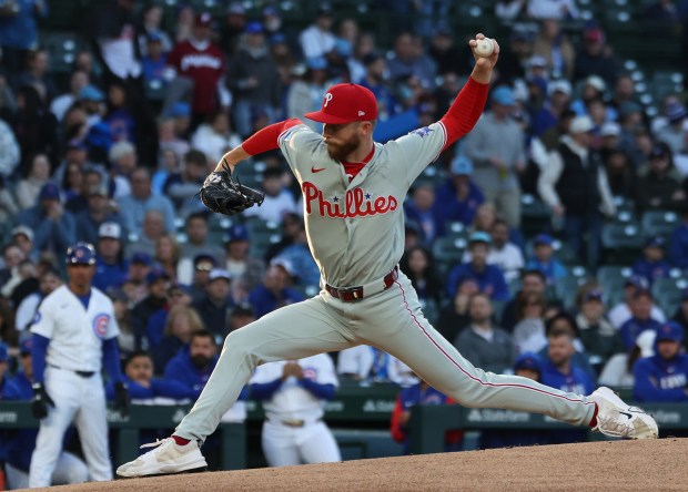 Phillies starting pitcher Kyle Backhus throws against the Cubs in the first inning at Wrigley Field on April 22, 2026, in Chicago. (John J. Kim/Chicago Tribune)