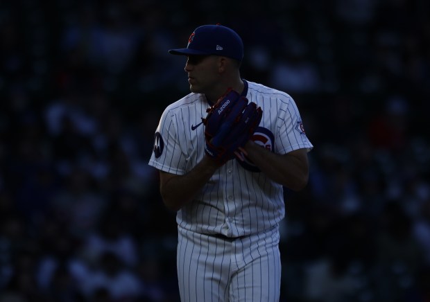 Cubs starting pitcher Matthew Boyd waits for the pitch signal in the second inning against the Phillies at Wrigley Field on April 22, 2026, in Chicago. (John J. Kim/Chicago Tribune)