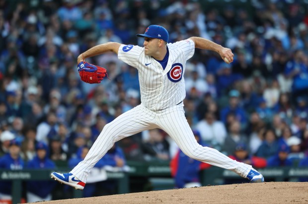 Cubs starting pitcher Matthew Boyd throws against the Phillies in the second inning at Wrigley Field on April 22, 2026, in Chicago. (John J. Kim/Chicago Tribune)