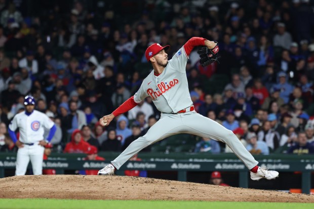 Phillies pitcher Alan Rangel throws in the sixth inning against the Cubs at Wrigley Field on April 22, 2026, in Chicago. (John J. Kim/Chicago Tribune)