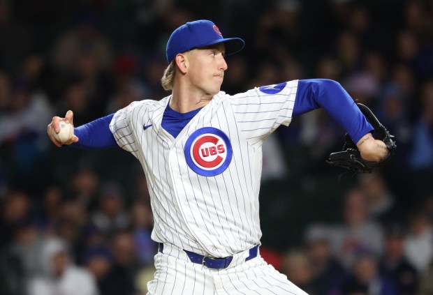Cubs pitcher Ben Brown throws against the Phillies in the seventh inning at Wrigley Field on April 22, 2026, in Chicago. (John J. Kim/Chicago Tribune)