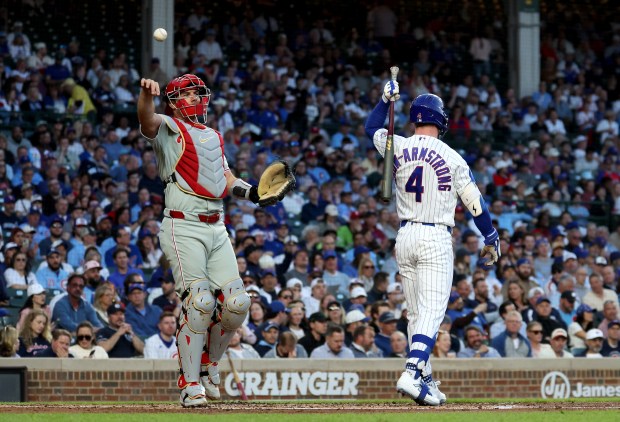 Chicago Cubs center fielder Pete Crow-Armstrong (4) walks to the dugout after striking out in the second inning of a game against the Philadelphia Phillies at Wrigley Field in Chicago on April 21, 2026. (Chris Sweda/Chicago Tribune)