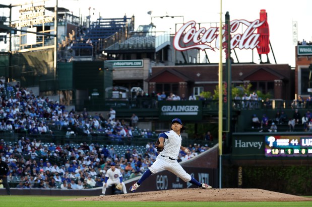 Chicago Cubs staring pitcher Shota Imanaga (18) delivers to the Philadelphia Phillies in the second inning of a game at Wrigley Field in Chicago on April 21, 2026. (Chris Sweda/Chicago Tribune)