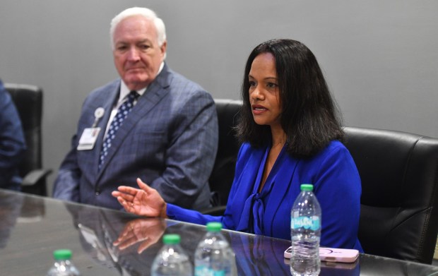 Tenor Health Foundation CEO Radha Savitala speaks during an interview in a conference room in Wilkes-Barre General Hospital in Wilkes-Barre Monday, April 27, 2026, as Commonwealth Health CEO Michael Clark looks on. (SEAN MCKEAG / STAFF PHOTOGRAPHER)