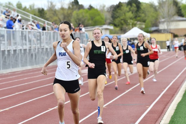 Peak to Peak's Skye Williams wins the 800-meter dash during the Boulder County Track Championships at Elizabeth Kennedy Stadium on Apr. 11, 2026. (Alissa Noe/BoCoPreps.com)