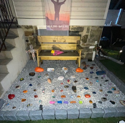 The Gattis have a rock garden in memory of their son, Cole, in their front yard. Friends and neighbors are welcome to come and add to it. (COURTESY OF JENNIFER GATTI)