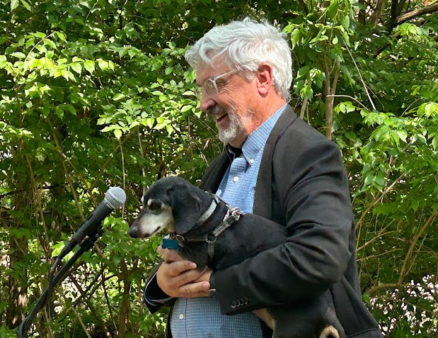 State Senator Tim Kearney brought his dog, Chorizo. "He represents a certain demographic that is going to get out of this trail," he joked. (PETE BANNAN-DAILY TIMES)