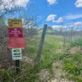 Yellow sign on a post reads Wildlife Area, behind a fence, greenery, and white clouds in a blue sky
