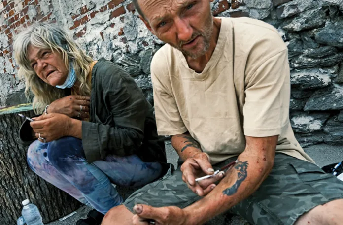 A drug user injects himself with a mix of heroin and fentanyl in Philadelphia’s Kensington neighborhood, July 19, 2021. (Spencer Platt/Getty)