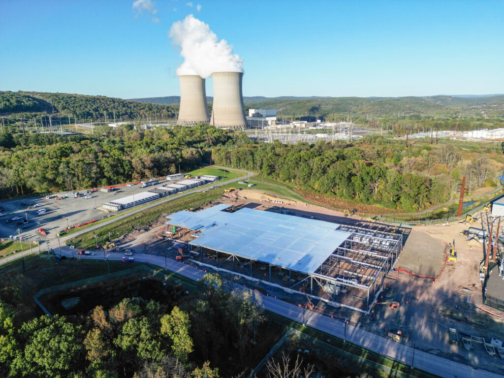 Construction of an Amazon data center is seen in front of Talen Energy’s nuclear power plant in Salem Township on Oct. 10, 2025. Credit: Jason Ardan/Citizens' Voice via Getty Images
