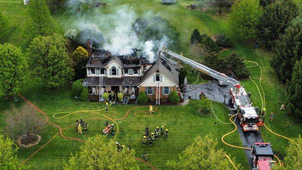 Crews battle a two-alarm fire Sunday on Jay Lane in Greenwich Township. (Courtesy of David J Reimer Sr Emergency Services Photography)