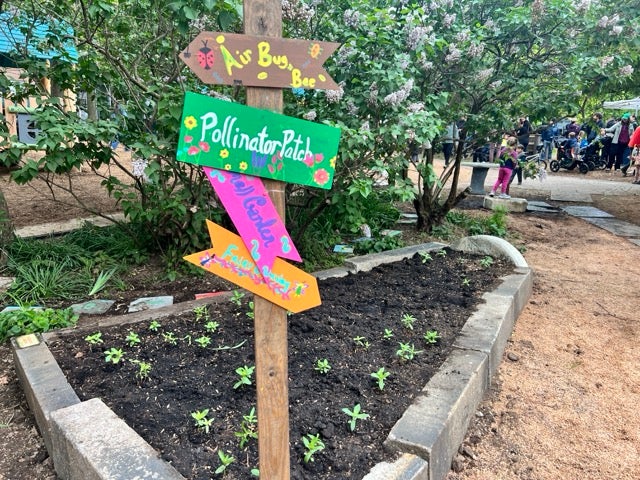 A sign reading Pollinator Patch in front of a small garden.