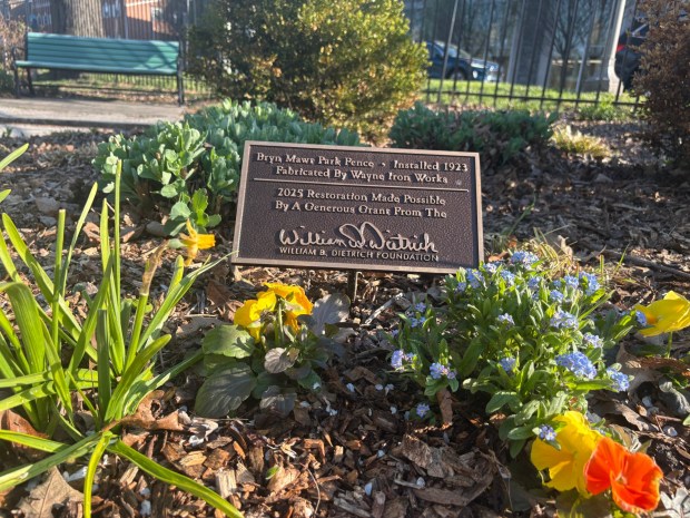 The restoration of the fence that was installed 103 years ago in Bryn Mawr. The plaque reads: Bryn Mawr Park Fence. Installed 1923. Fabricated by Wayne Iron Works. 2025 Restoration made possible by a generous grant from the William B Dietrich Foundation. (Richard Ilgenfritz - MediaNews Group)