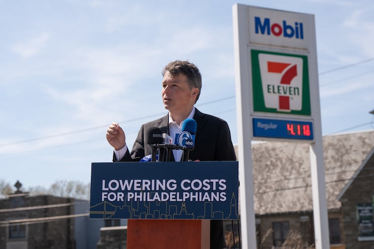 U.S. Rep. Brendan Boyle (D., Phila.) holds a news conference at a Philadelphia gas station to announce legislation to suspend the federal gas tax whenever the national average price of gasoline exceeds $4.00 per gallon.