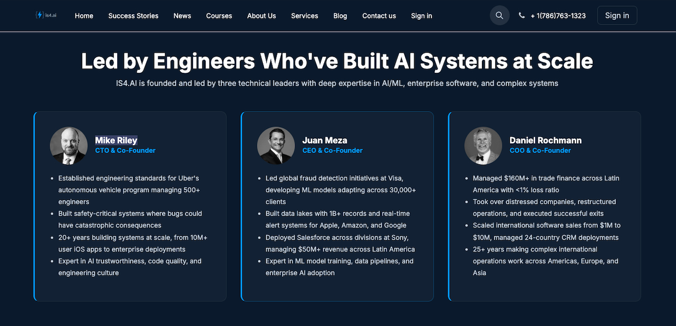 Three founders with professional headshots are featured with their titles and highlighted achievements in AI, enterprise software, and business scaling on a dark-themed company website.