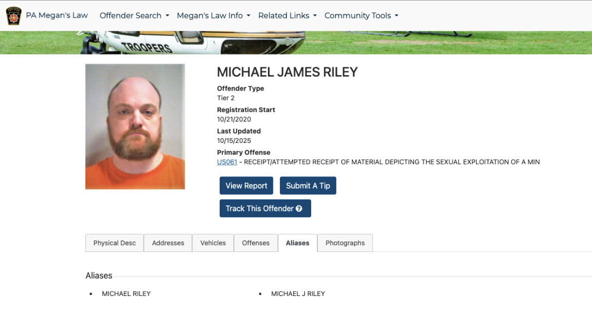 Screenshot of a Megan's Law offender profile for Michael James Riley, showing his photo, registration details, offense, and related action buttons on a website.