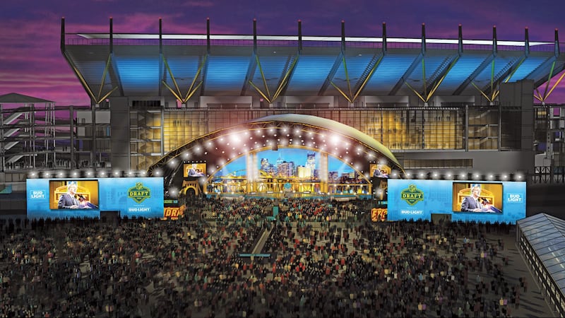 A rendering of the NFL Draft stage at Pittsburgh’s Acrisure Stadium.