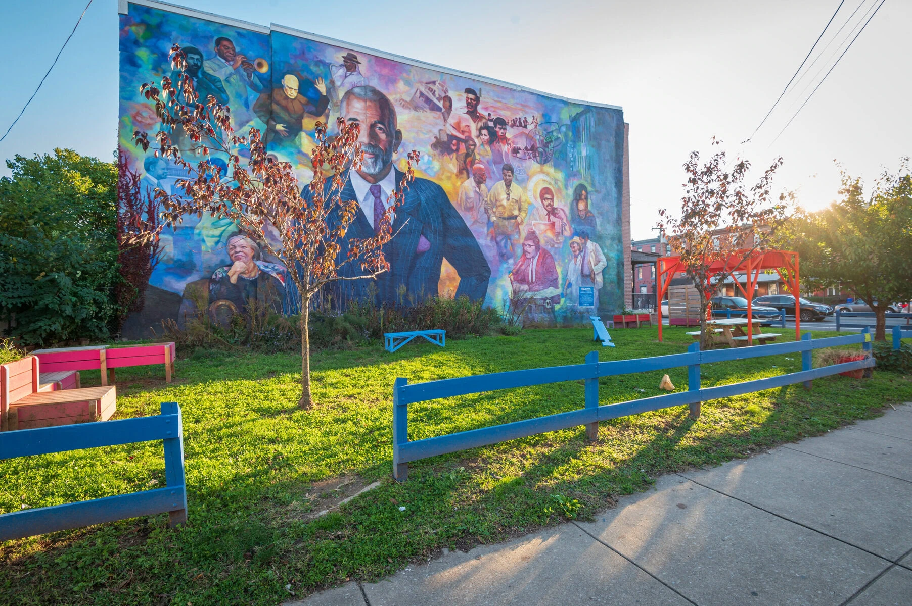 A beautified lot featuring a mural honoring journalist and West Philly native Ed Bradley.