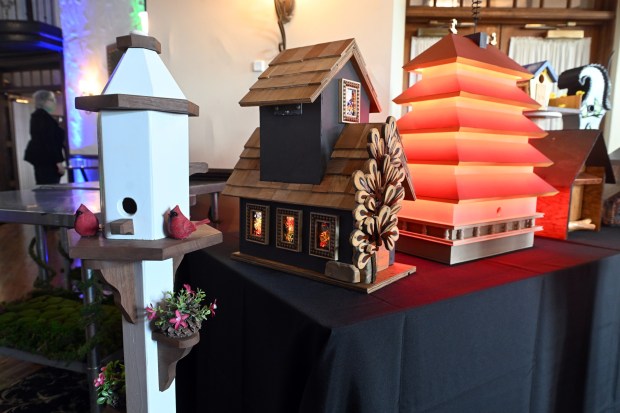Birdhouses are on display during the Habitat for Humanity 10th annual Birdhouse Challenge at the Reading Country Club on Tuesday, April 21, 2026. (BILL UHRICH/READING EAGLE)