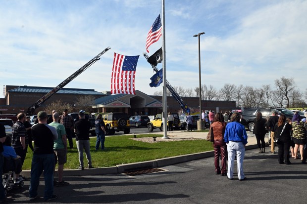 Members of the general public wait outside prior to the viewing Friday, April 10, 2026, for Walnuttown Fire Chief Jeffory L. Buck and Assistant Chief Robert R. Shick Jr. at Fleetwood High School. (BILL UHRICH/READING EAGLE)
