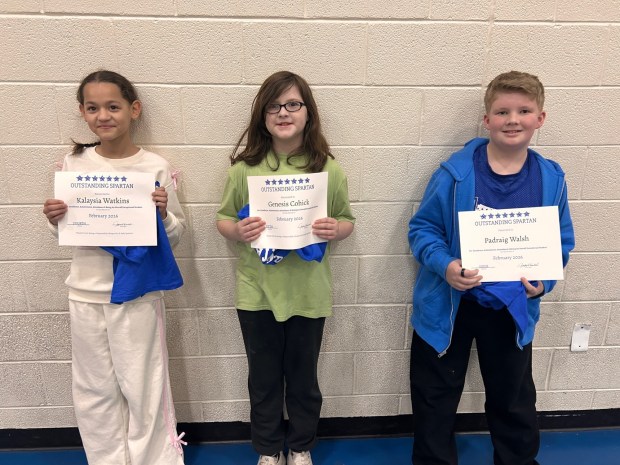 Mid Valley Elementary Center's Outstanding Spartans for February in fourth through sixth grades, from left: Kalaysia Watkins, fourth grade; Genesis Cohick, fifth grade, and Padraig Walsh, sixth grade. (Submitted)