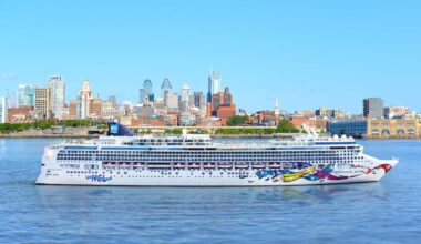 Norwegian Cruise Line's Norwegian Jewel on the Delaware River in a 2024 promotional photo.