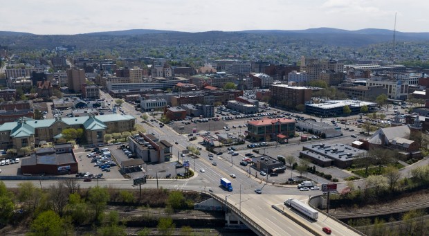 A view of downtown Scranton Wednesday, April 22, 2026. (SEAN MCKEAG / STAFF PHOTOGRAPHER)