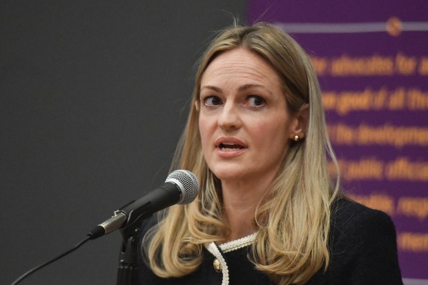 Scranton Mayor Paige Gebhart Cognetti answers a question during the Scranton Mayoral Debate in the PNC Auditorium at the University of Scranton's Loyola Science Center in Scranton Thursday, Oct. 16, 2025. (SEAN MCKEAG / STAFF PHOTOGRAPHER)