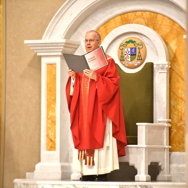 Bishop Joseph Bambera speaks as Jesus in the narrative of Jesus' betrayal, trial and crucifixation during the Commemoration of the Lord's Passion on Good Friday at St. Peter's Cathedral in Scranton Friday, April 3. 2026. (SEAN MCKEAG / STAFF PHOTOGRAPHER)