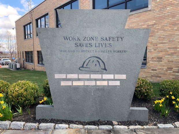 The Pennsylvania State Department of Transportation PennDOT Engineering District 4 Work Zone Safety memorial dedicated to the district's fallen workers, on display at the district office at 55 Keystone Industrial Park Road in Dunmore, on April 7, 2026. (JIM LOCKWOOD / STAFF PHOTO)